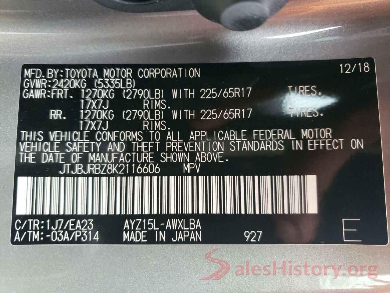 JTJBJRBZ8K2116606 2019 LEXUS NX