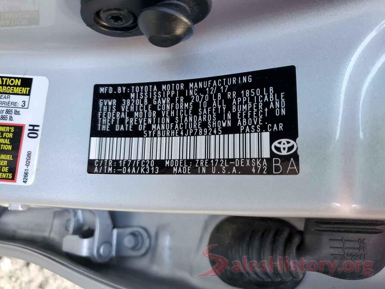 5YFBURHE4JP789245 2018 TOYOTA COROLLA