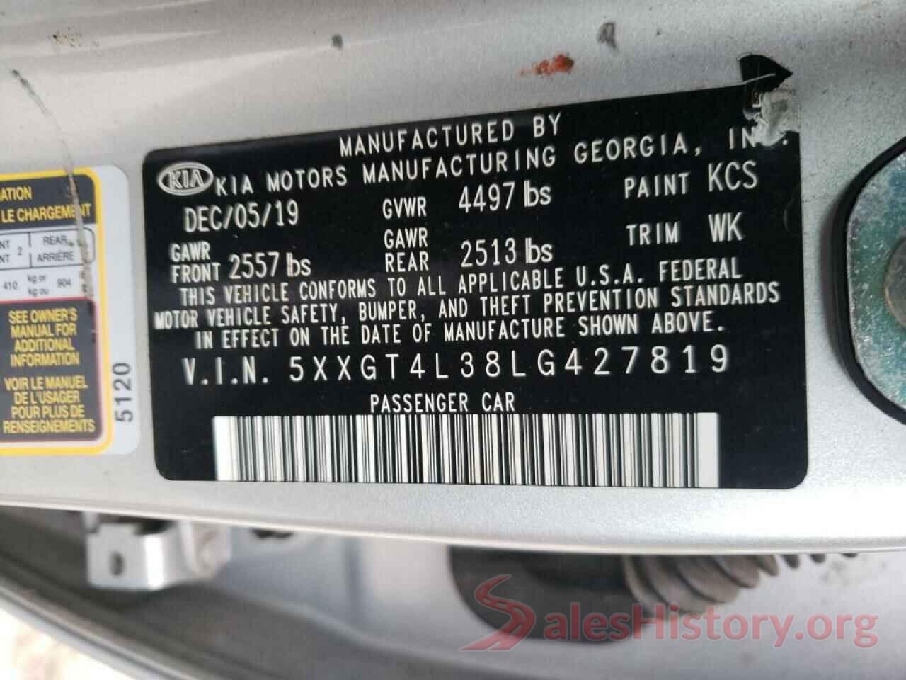 5XXGT4L38LG427819 2020 KIA OPTIMA