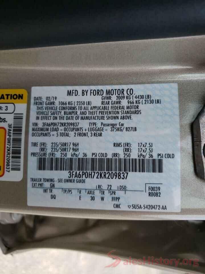 3FA6P0H72KR209837 2019 FORD FUSION