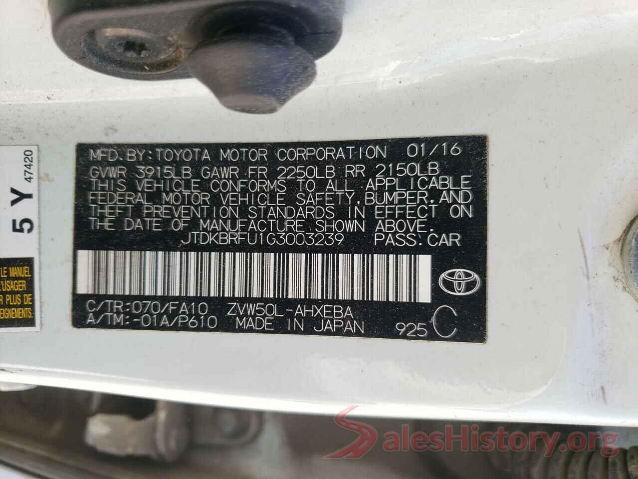 JTDKBRFU1G3003239 2016 TOYOTA PRIUS