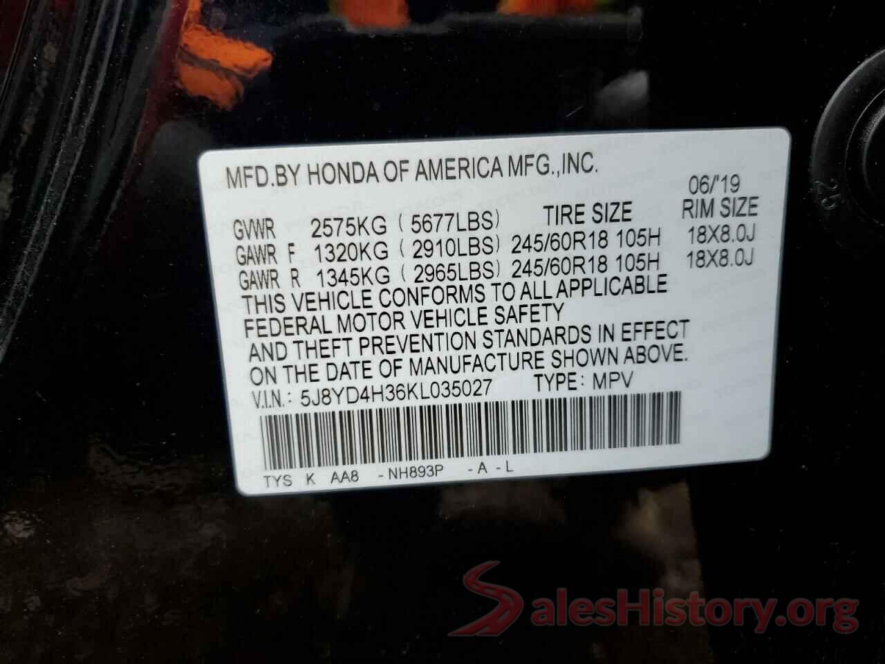 5J8YD4H36KL035027 2019 ACURA MDX