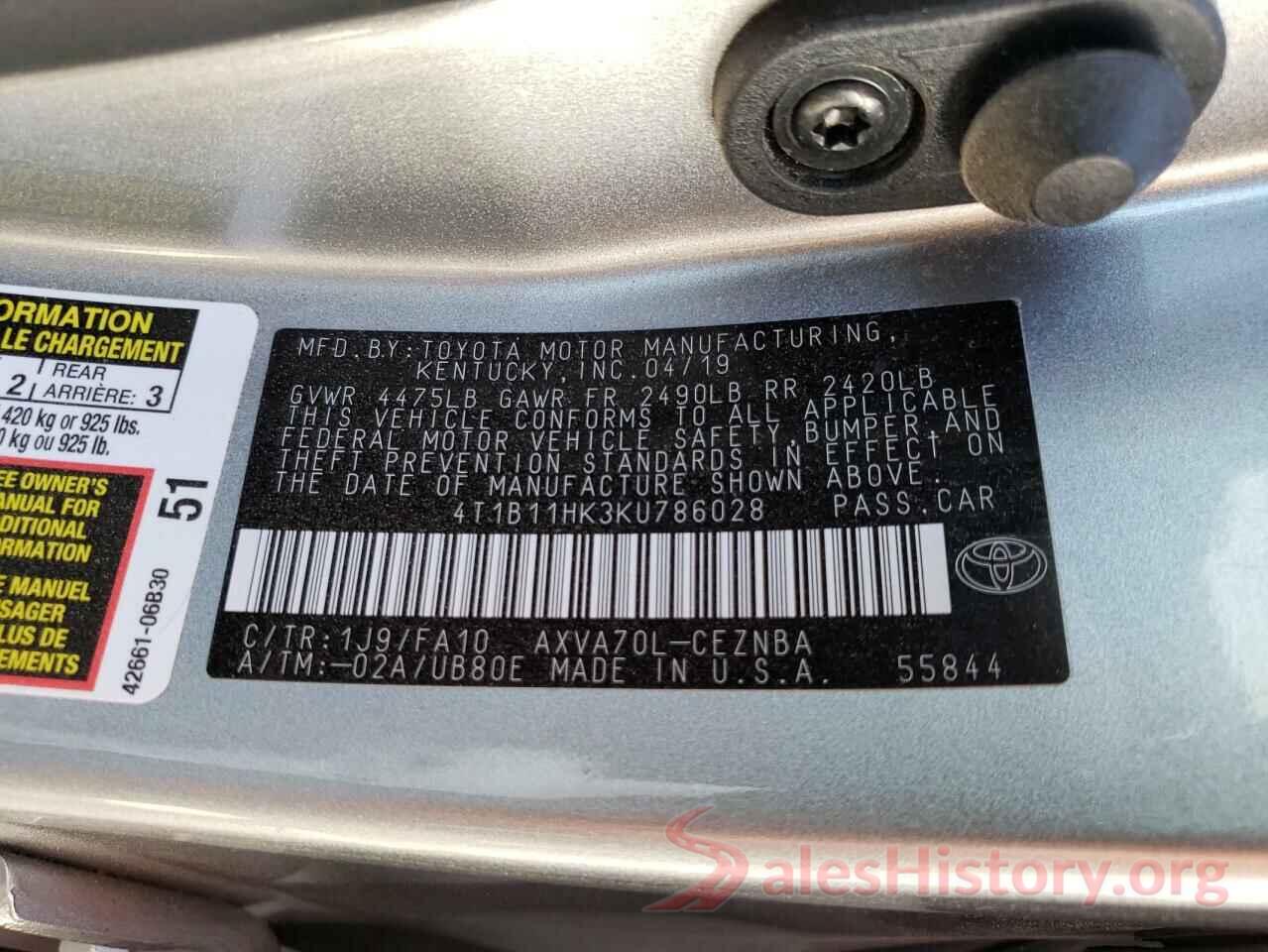 4T1B11HK3KU786028 2019 TOYOTA CAMRY