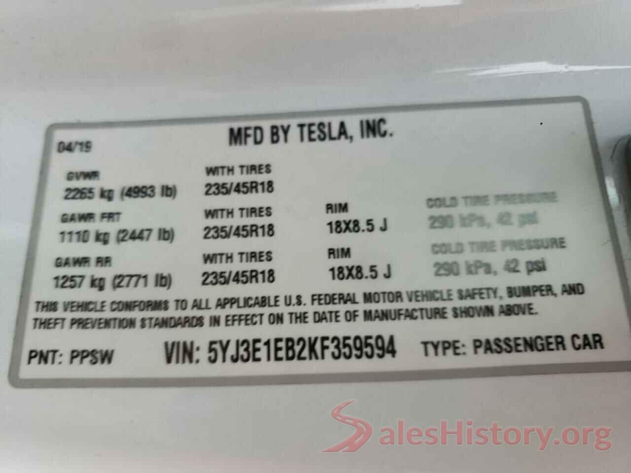 5YJ3E1EB2KF359594 2019 TESLA MODEL 3