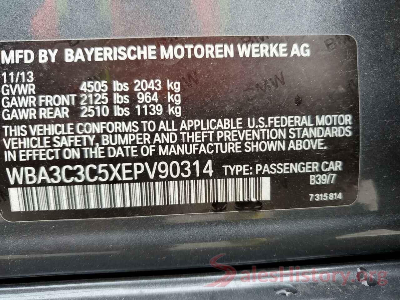 WBA3C3C5XEPV90314 2014 BMW 3 SERIES