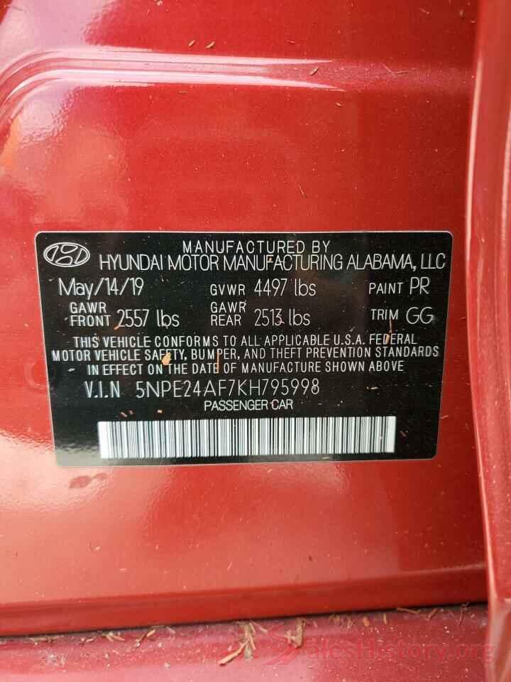 5NPE24AF7KH795998 2019 HYUNDAI SONATA