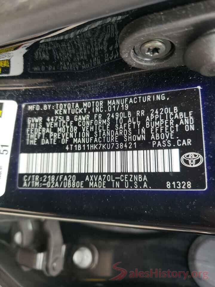 4T1B11HK7KU738421 2019 TOYOTA CAMRY