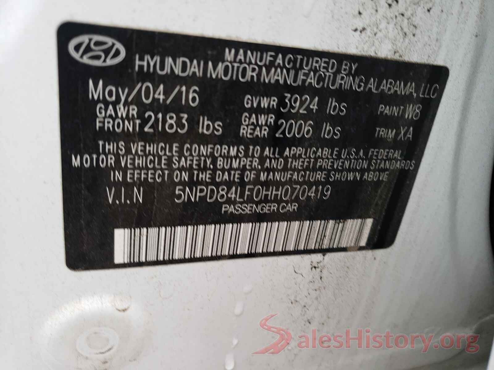 5NPD84LF0HH070419 2017 HYUNDAI ELANTRA