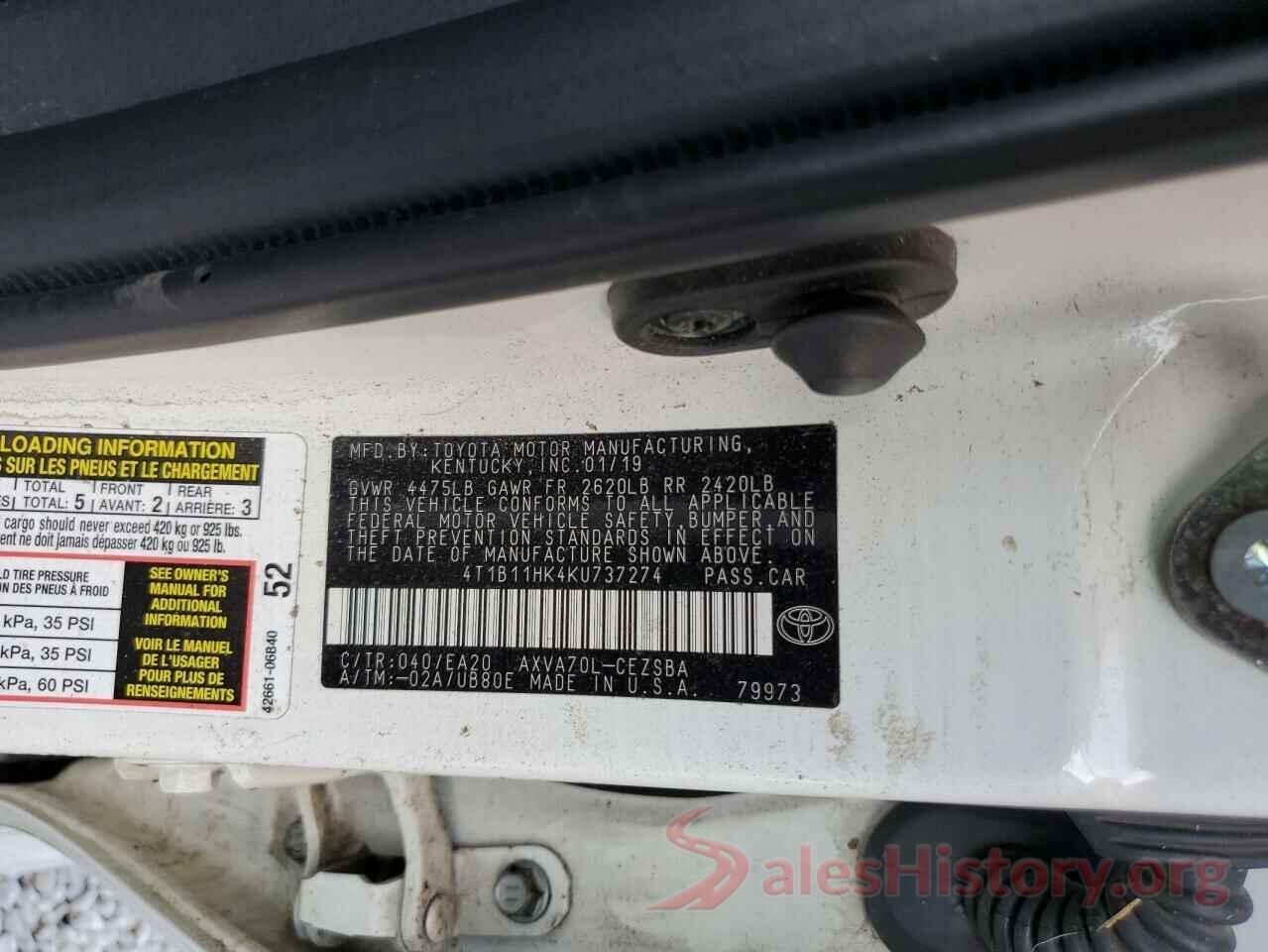 4T1B11HK4KU737274 2019 TOYOTA CAMRY