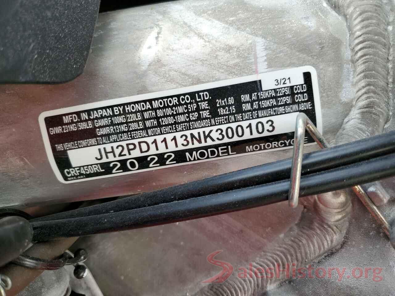 JH2PD1113NK300103 2022 HONDA CRF CYCLE