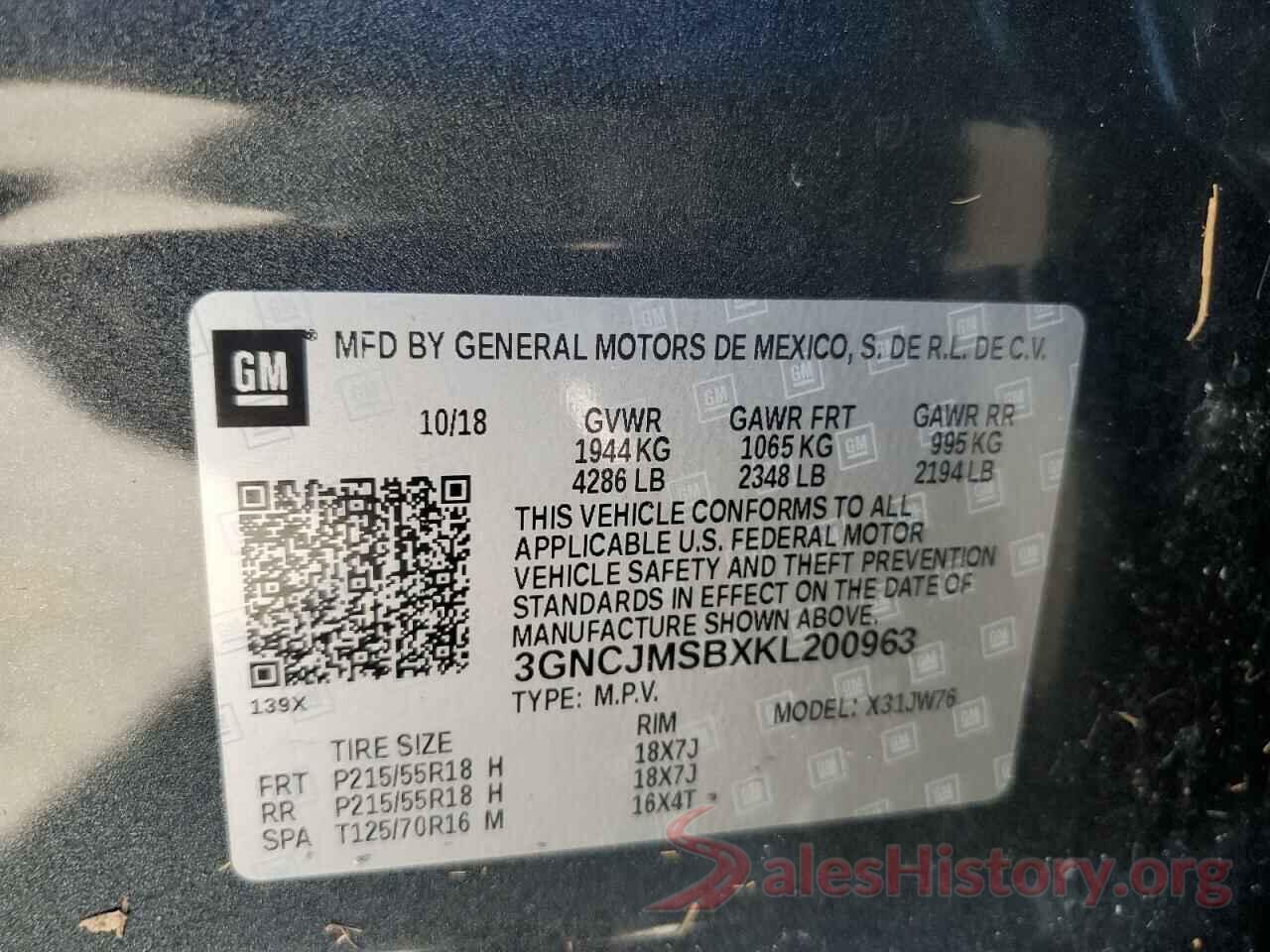 3GNCJMSBXKL200963 2019 CHEVROLET TRAX