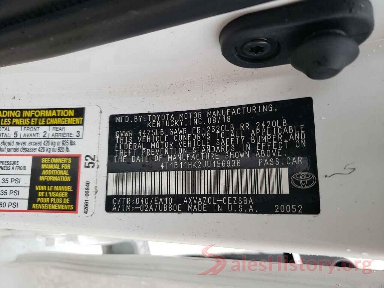 4T1B11HK2JU156936 2018 TOYOTA CAMRY