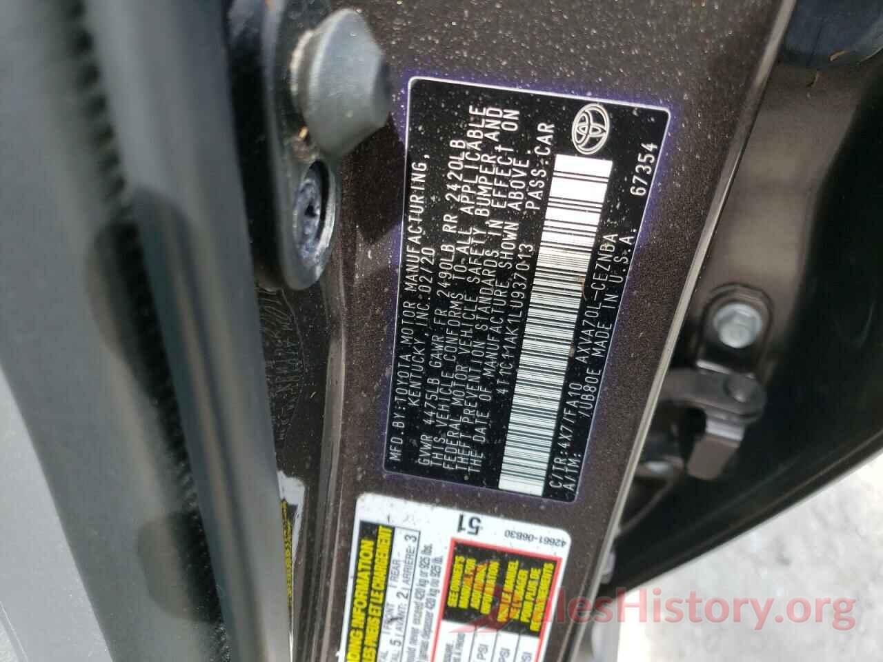 4T1C11AK1LU937013 2020 TOYOTA CAMRY