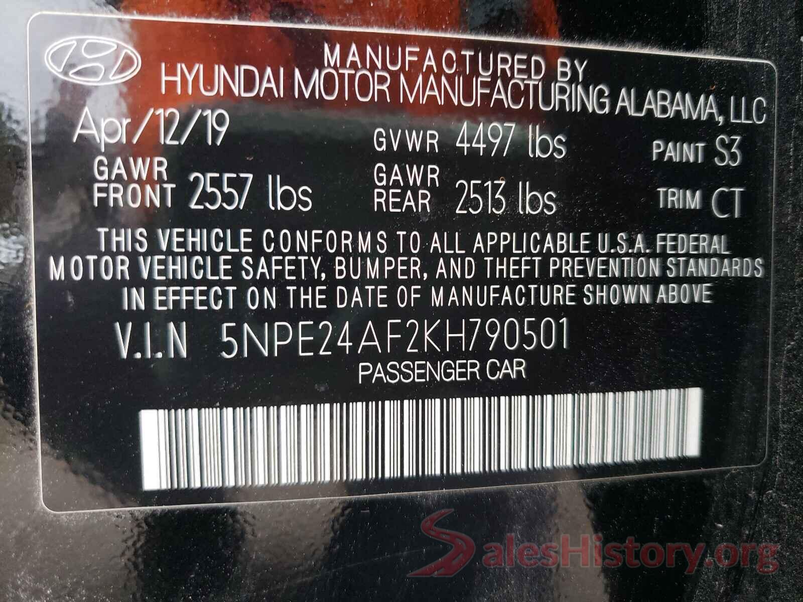 5NPE24AF2KH790501 2019 HYUNDAI SONATA