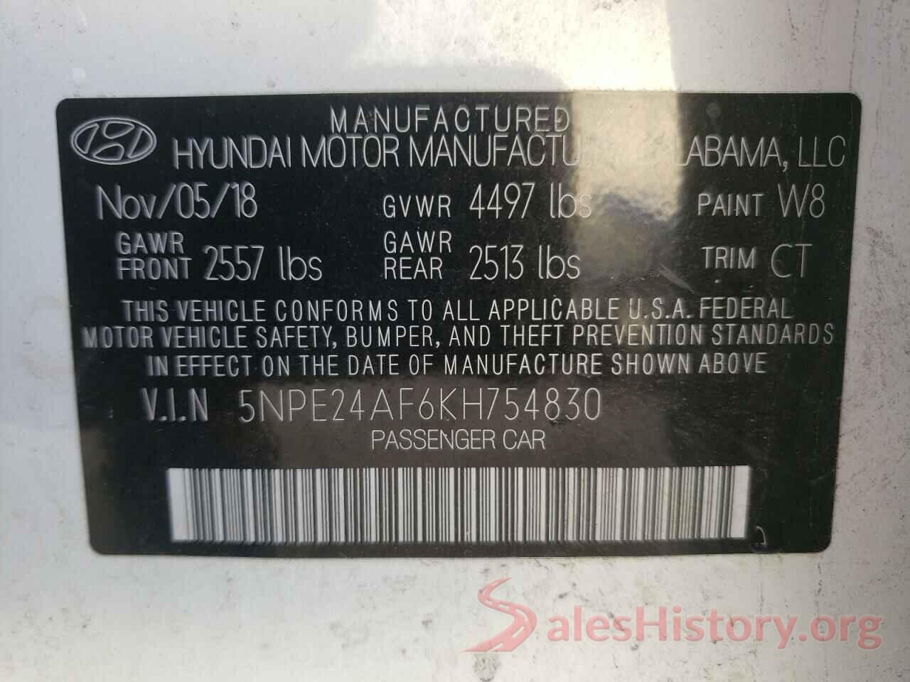 5NPE24AF6KH754830 2019 HYUNDAI SONATA