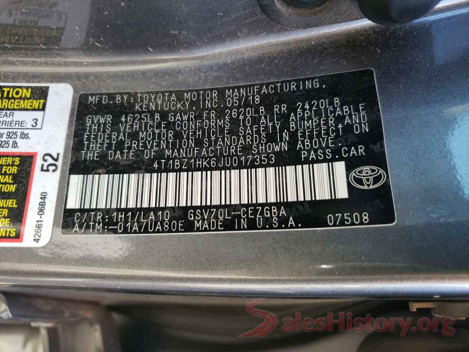 4T1BZ1HK6JU017353 2018 TOYOTA CAMRY