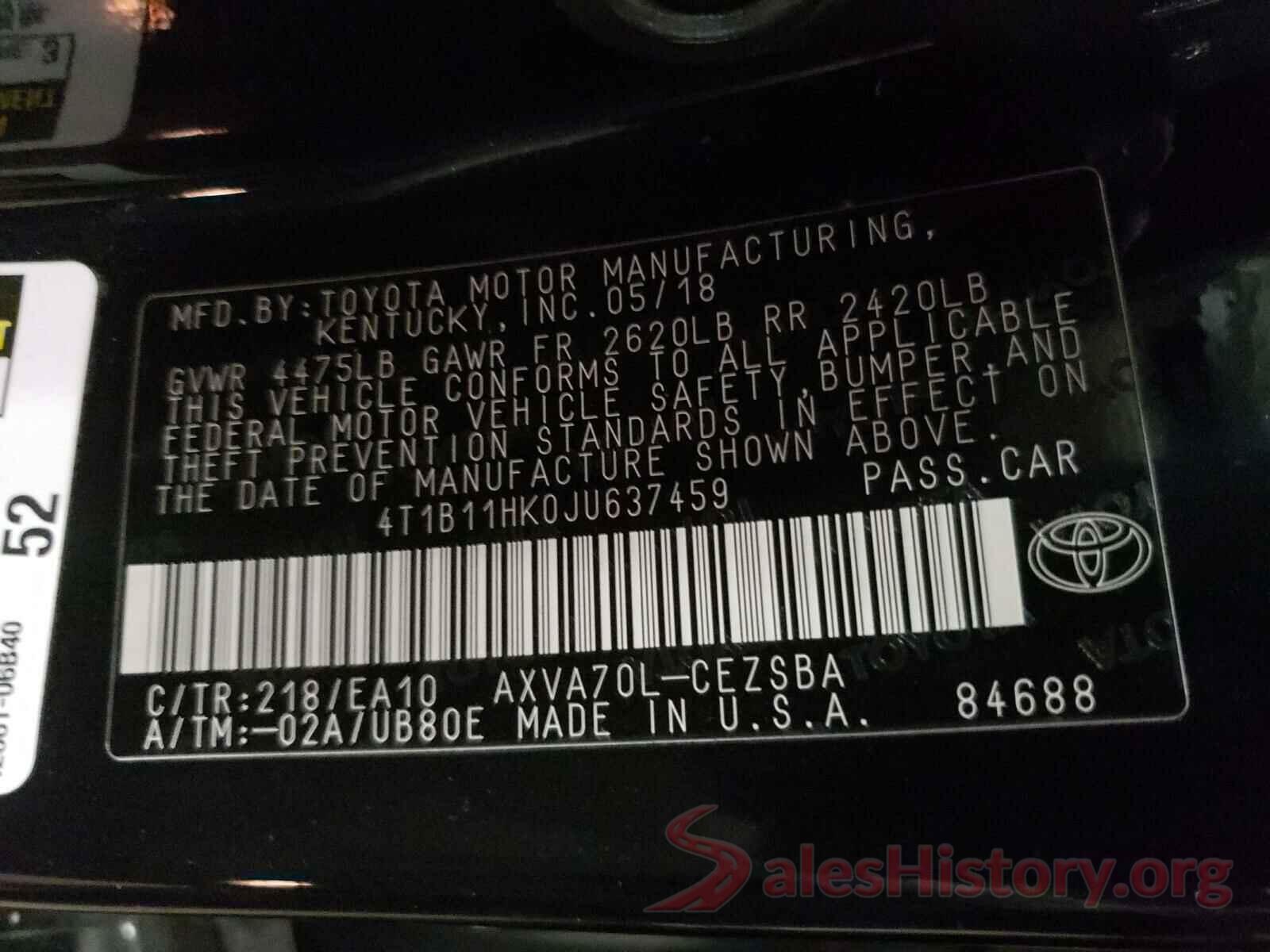 4T1B11HK0JU637459 2018 TOYOTA CAMRY