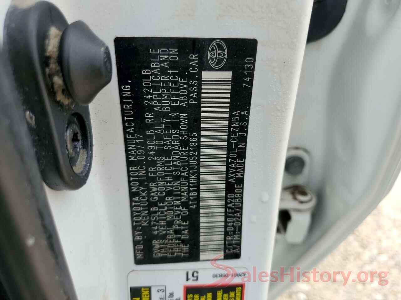 4T1B11HK1JU521865 2018 TOYOTA CAMRY