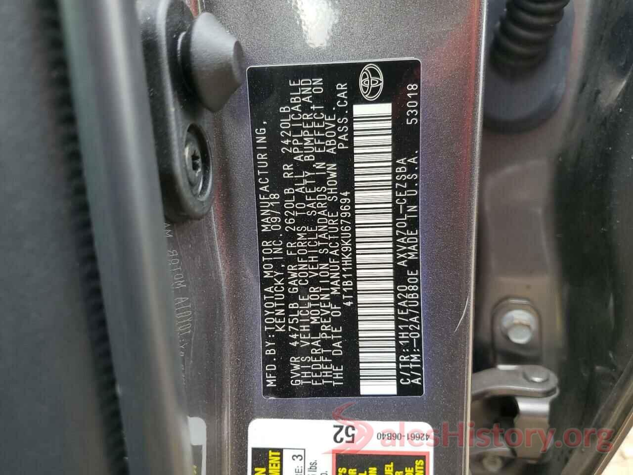 4T1B11HK9KU679694 2019 TOYOTA CAMRY