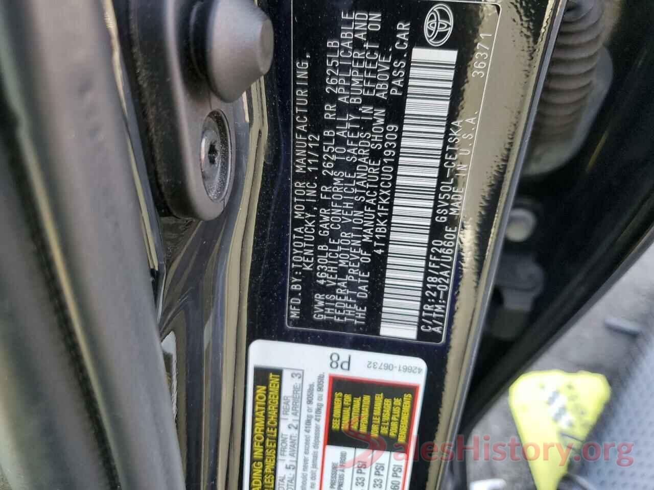 4T1BK1FKXCU019309 2012 TOYOTA CAMRY