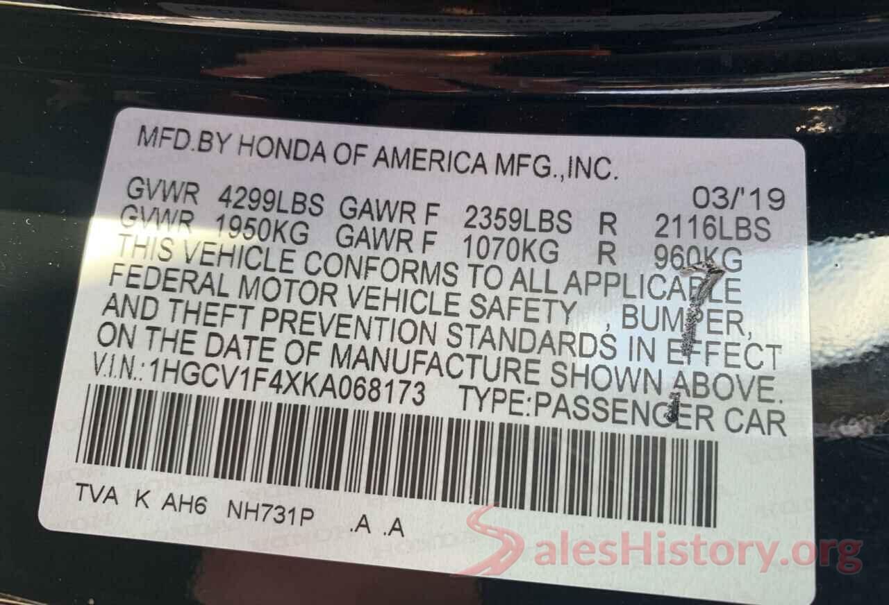 1HGCV1F4XKA068173 2019 HONDA ACCORD