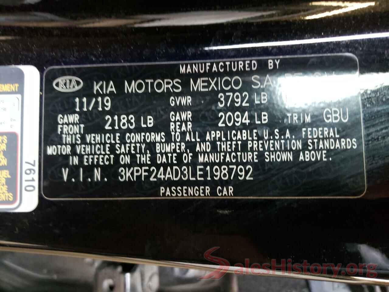 3KPF24AD3LE198792 2020 KIA FORTE