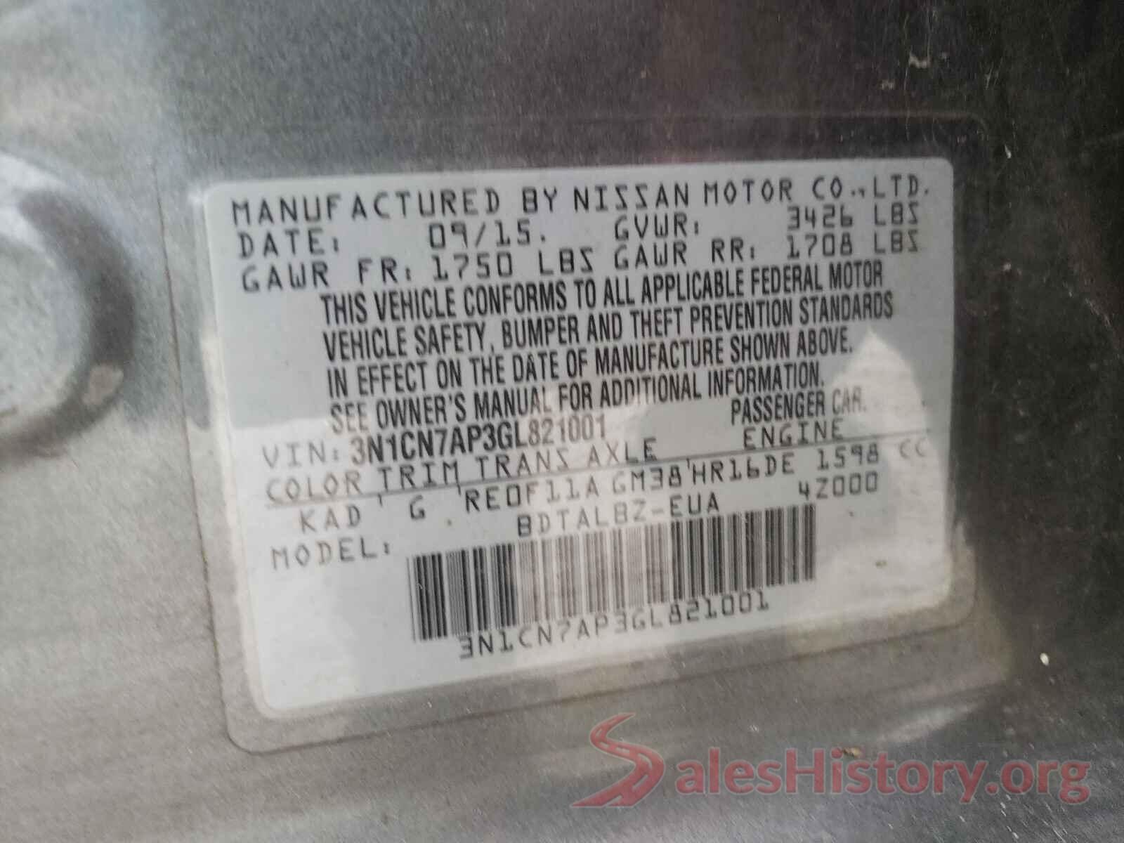 3N1CN7AP3GL821001 2016 NISSAN VERSA