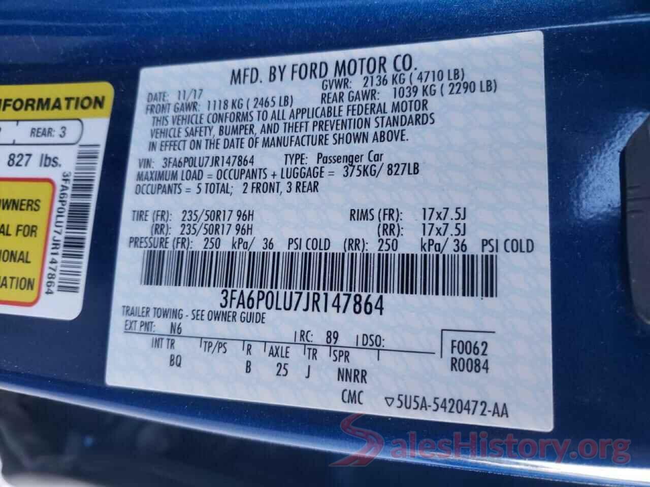 3FA6P0LU7JR147864 2018 FORD FUSION