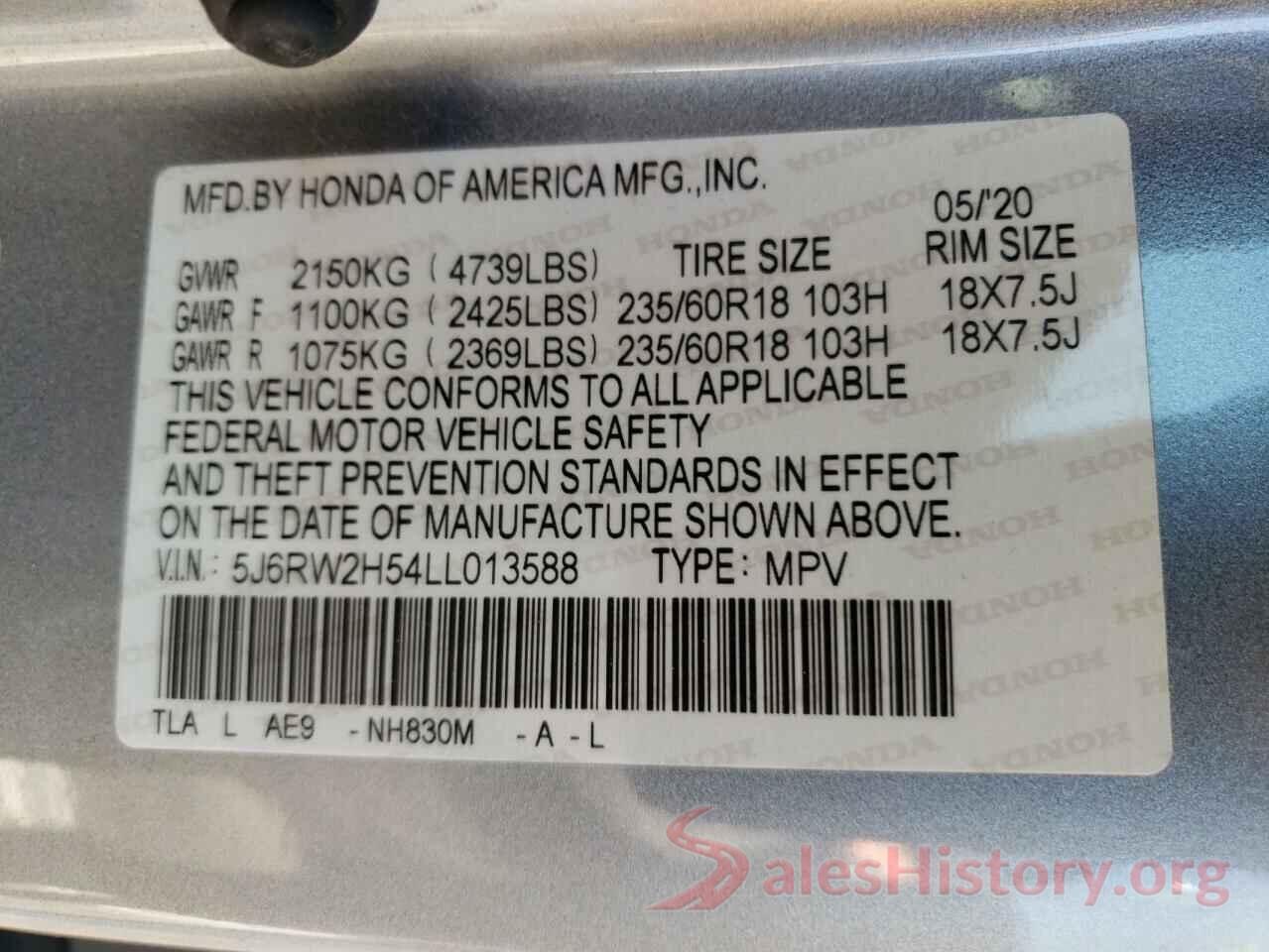 5J6RW2H54LL013588 2020 HONDA CRV