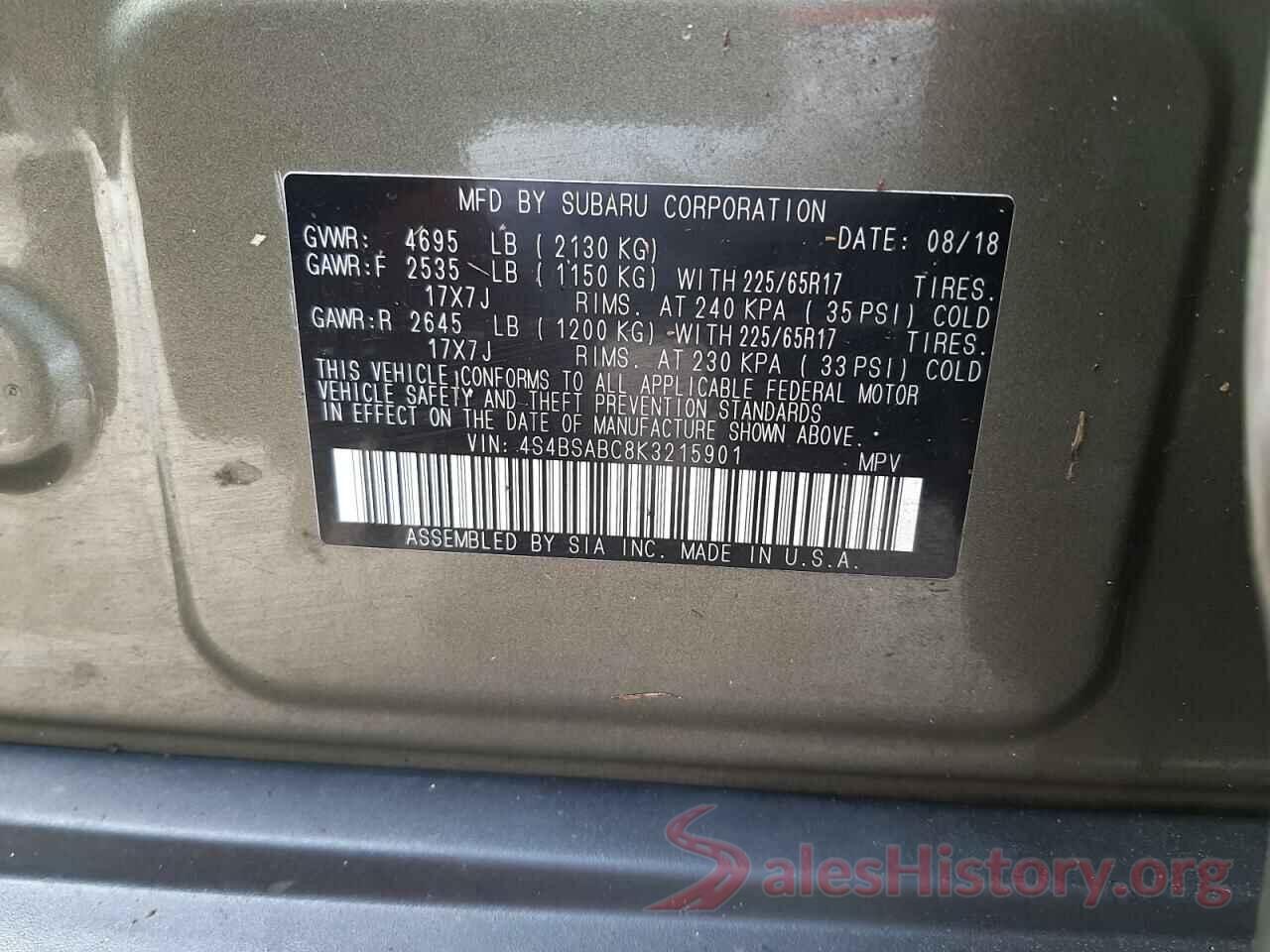 4S4BSABC8K3215901 2019 SUBARU OUTBACK