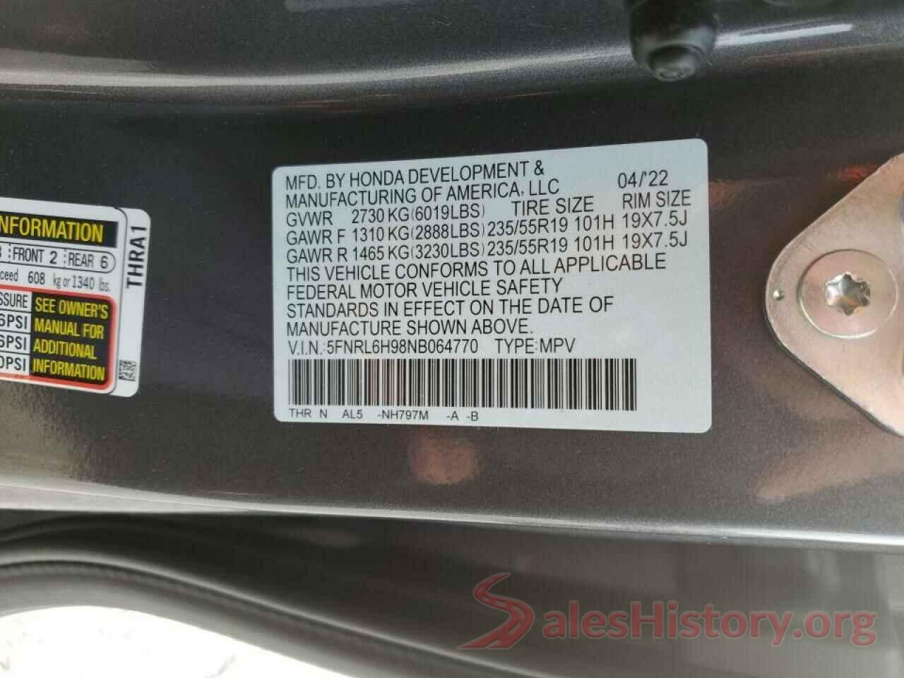 5FNRL6H98NB064770 2022 HONDA ODYSSEY