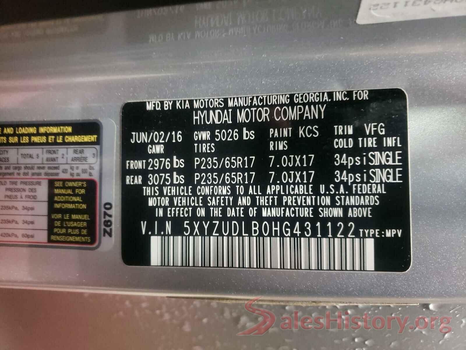 5XYZUDLB0HG431122 2017 HYUNDAI SANTA FE