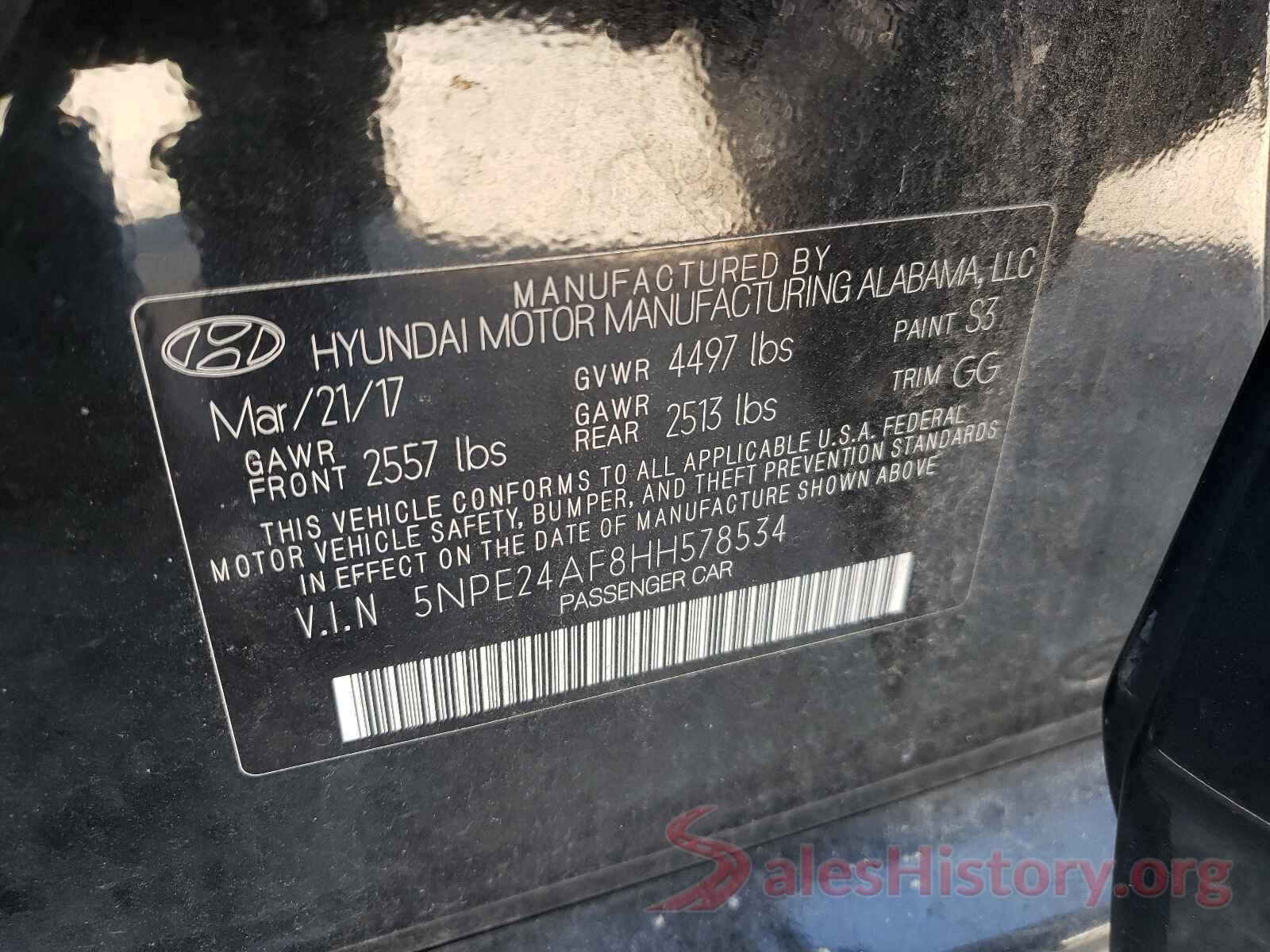 5NPE24AF8HH578534 2017 HYUNDAI SONATA