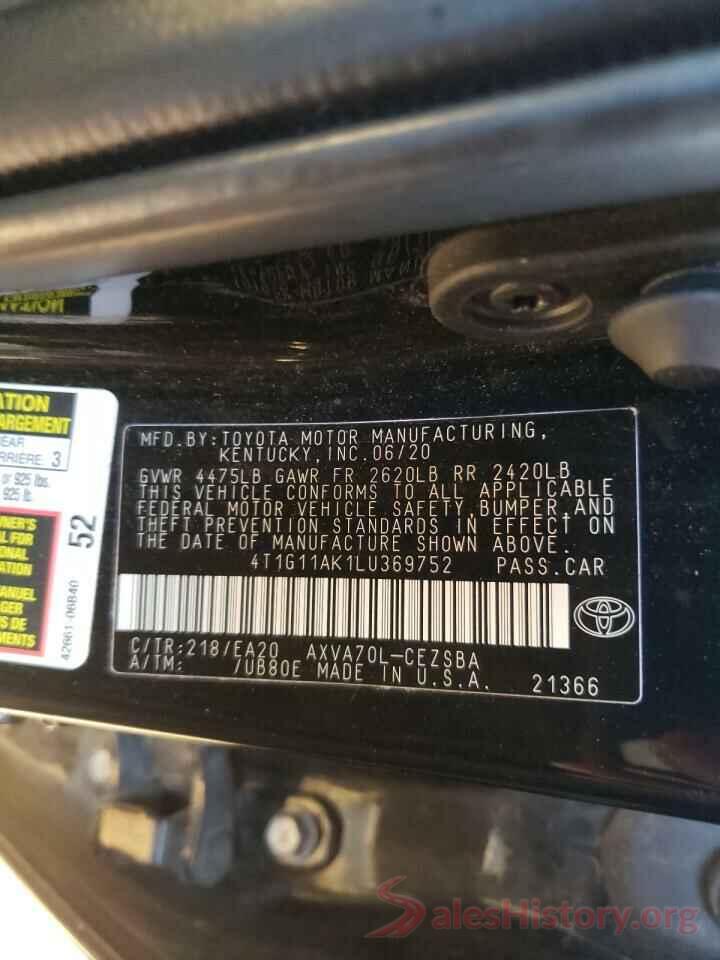 4T1G11AK1LU369752 2020 TOYOTA CAMRY