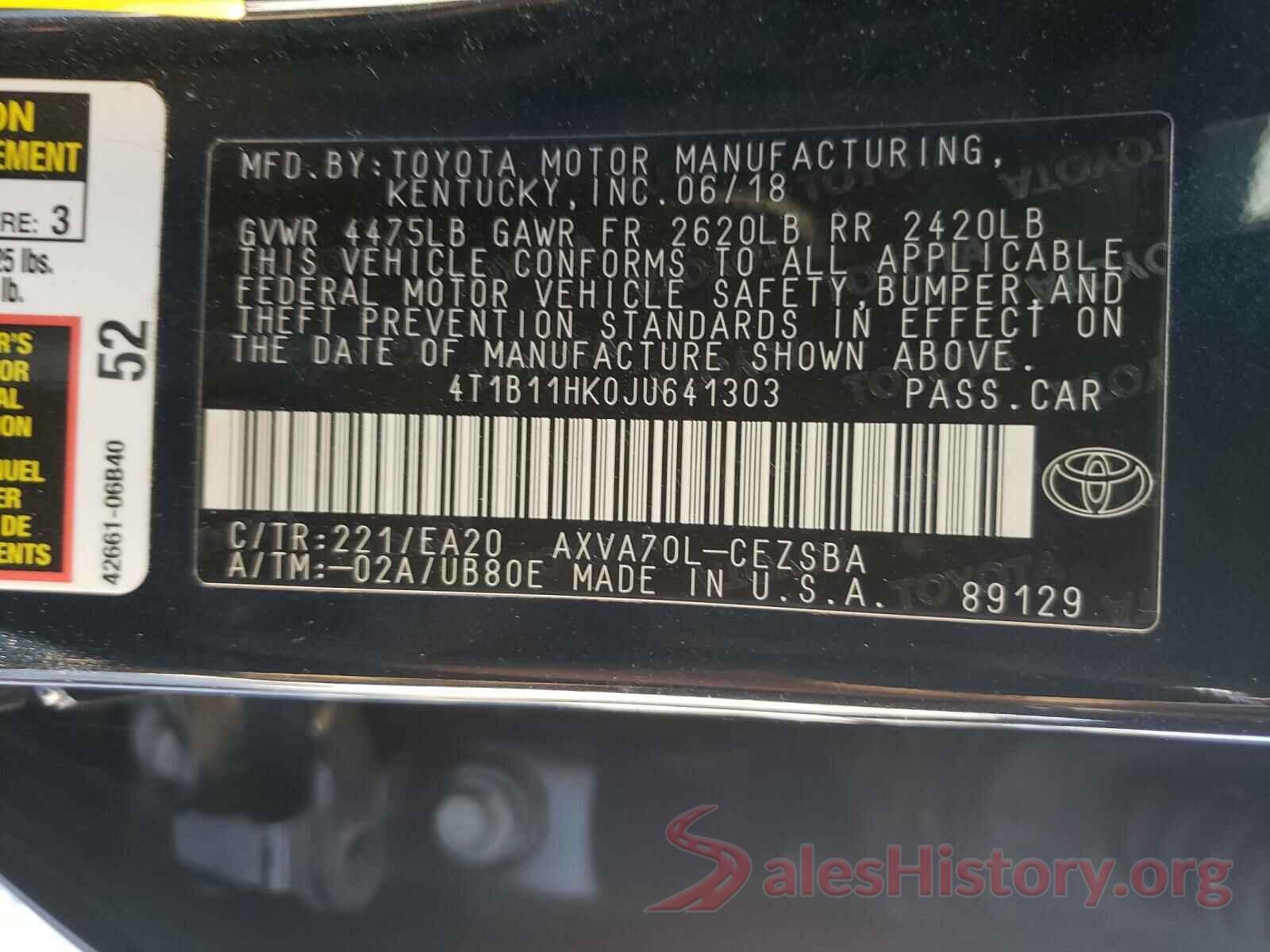 4T1B11HK0JU641303 2018 TOYOTA CAMRY