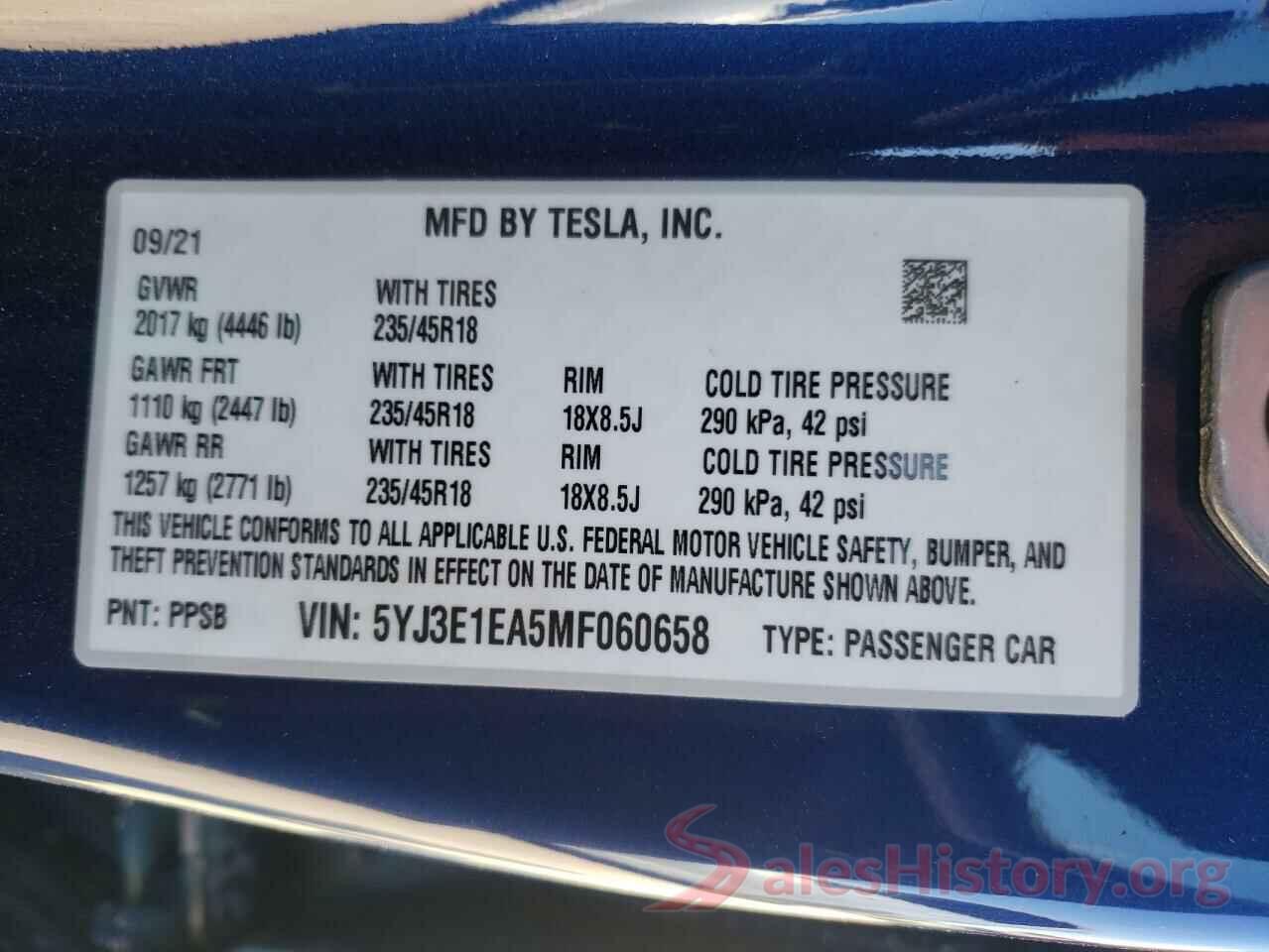 5YJ3E1EA5MF060658 2021 TESLA MODEL 3