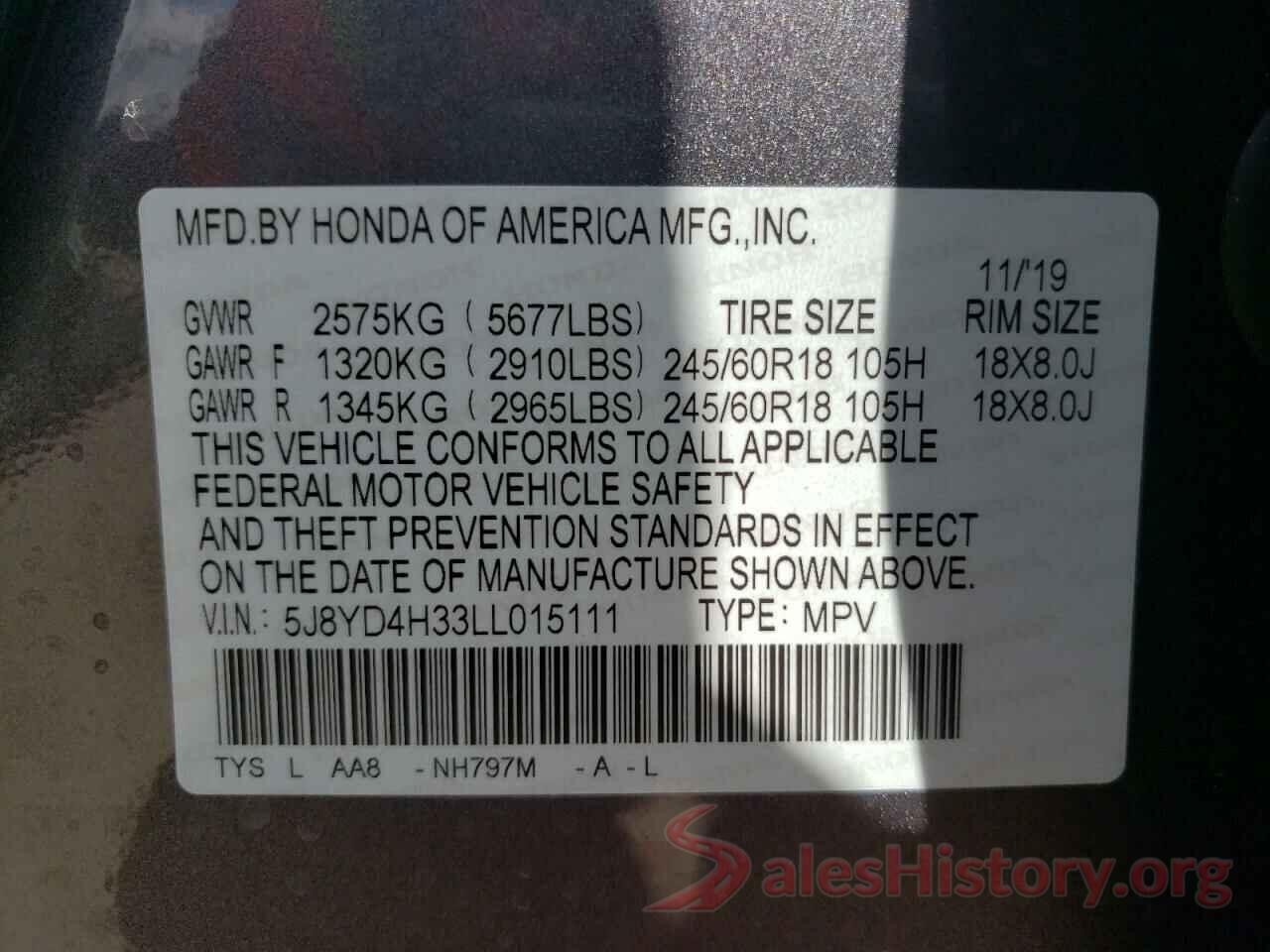 5J8YD4H33LL015111 2020 ACURA MDX