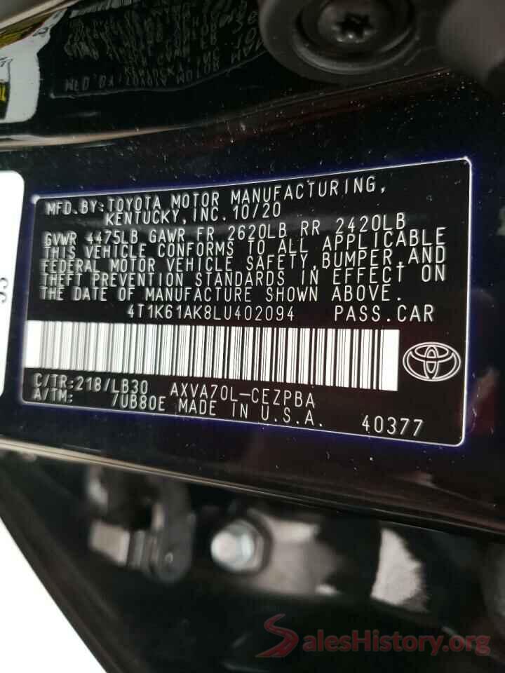 4T1K61AK8LU402094 2020 TOYOTA CAMRY