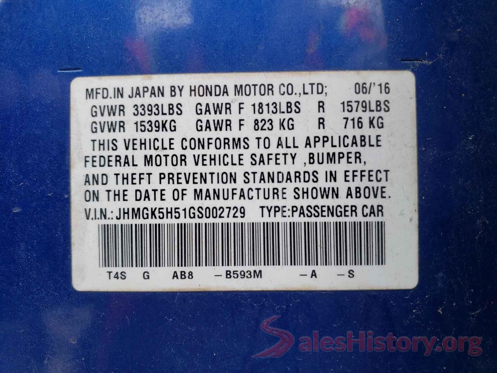 JHMGK5H51GS002729 2016 HONDA FIT