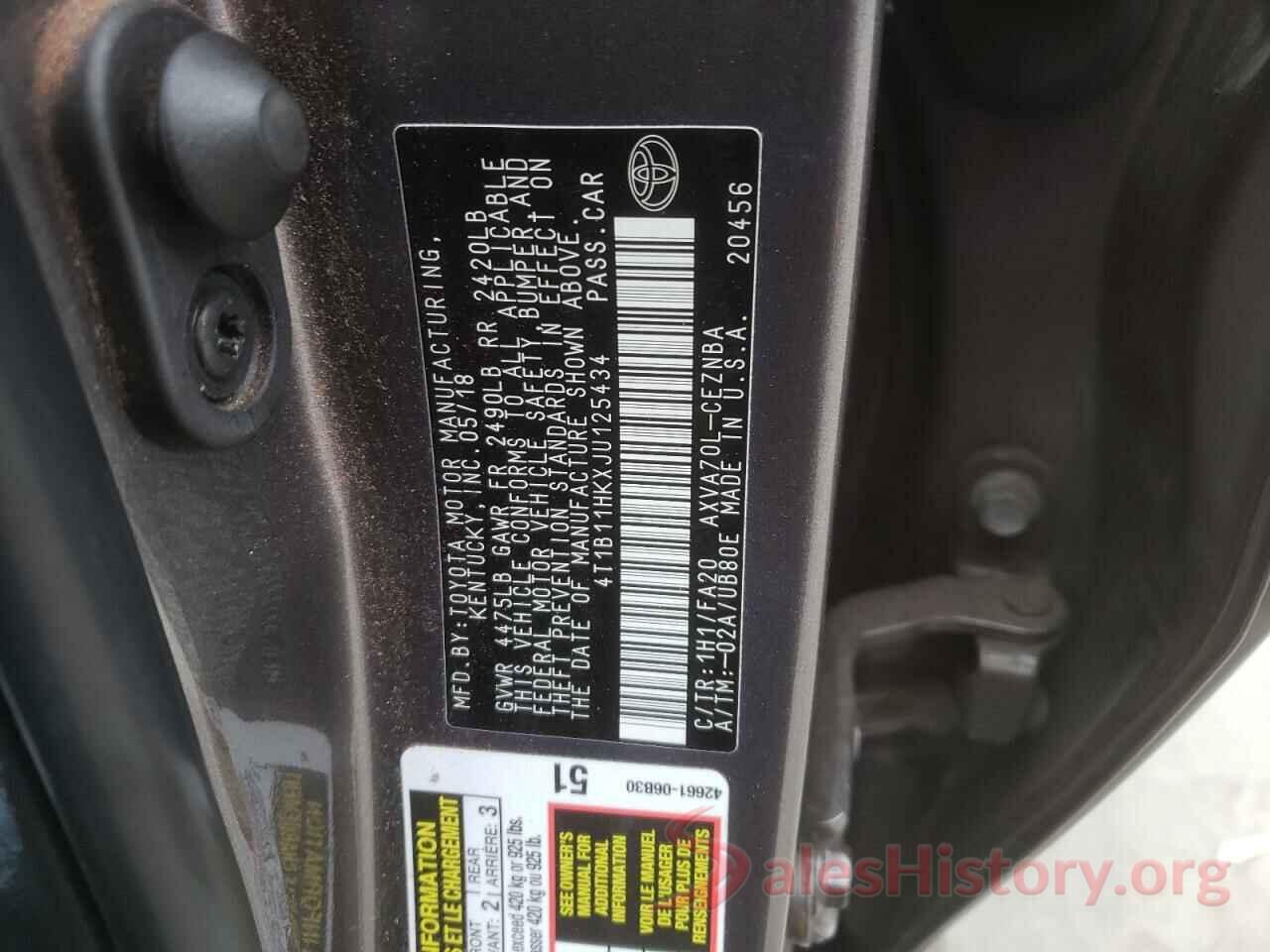 4T1B11HKXJU125434 2018 TOYOTA CAMRY