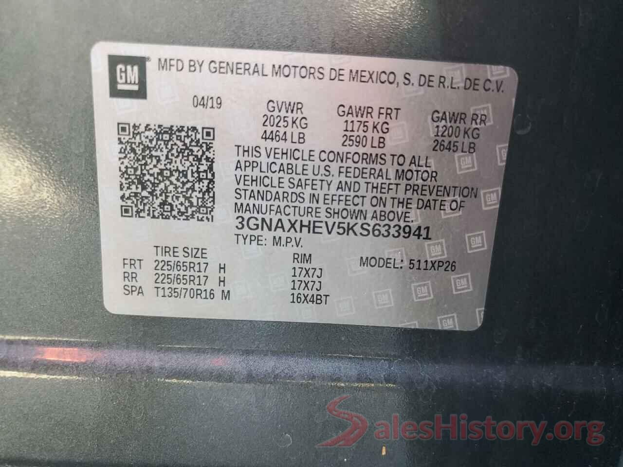 3GNAXHEV5KS633941 2019 CHEVROLET EQUINOX