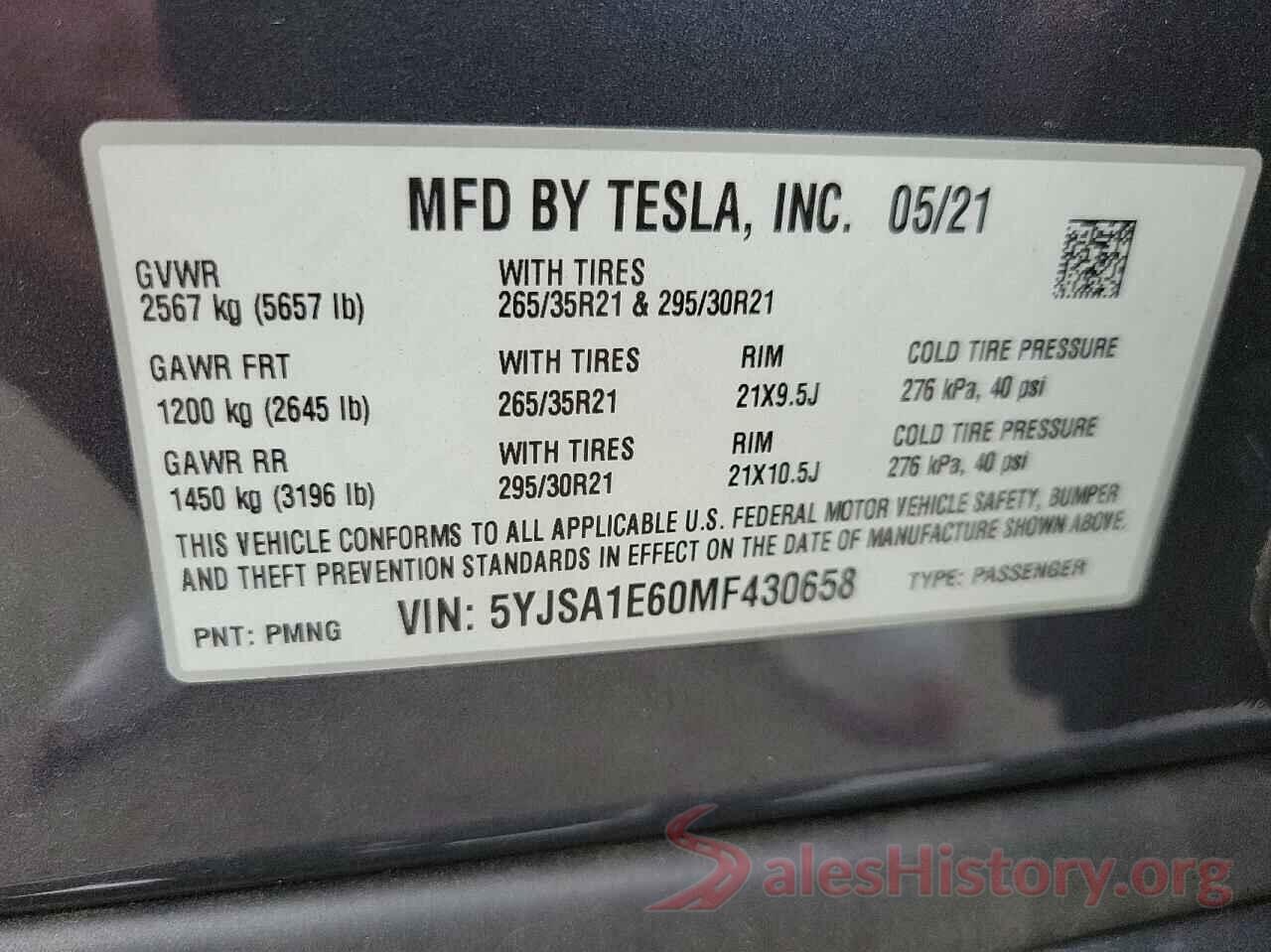 5YJSA1E60MF430658 2021 TESLA MODEL S