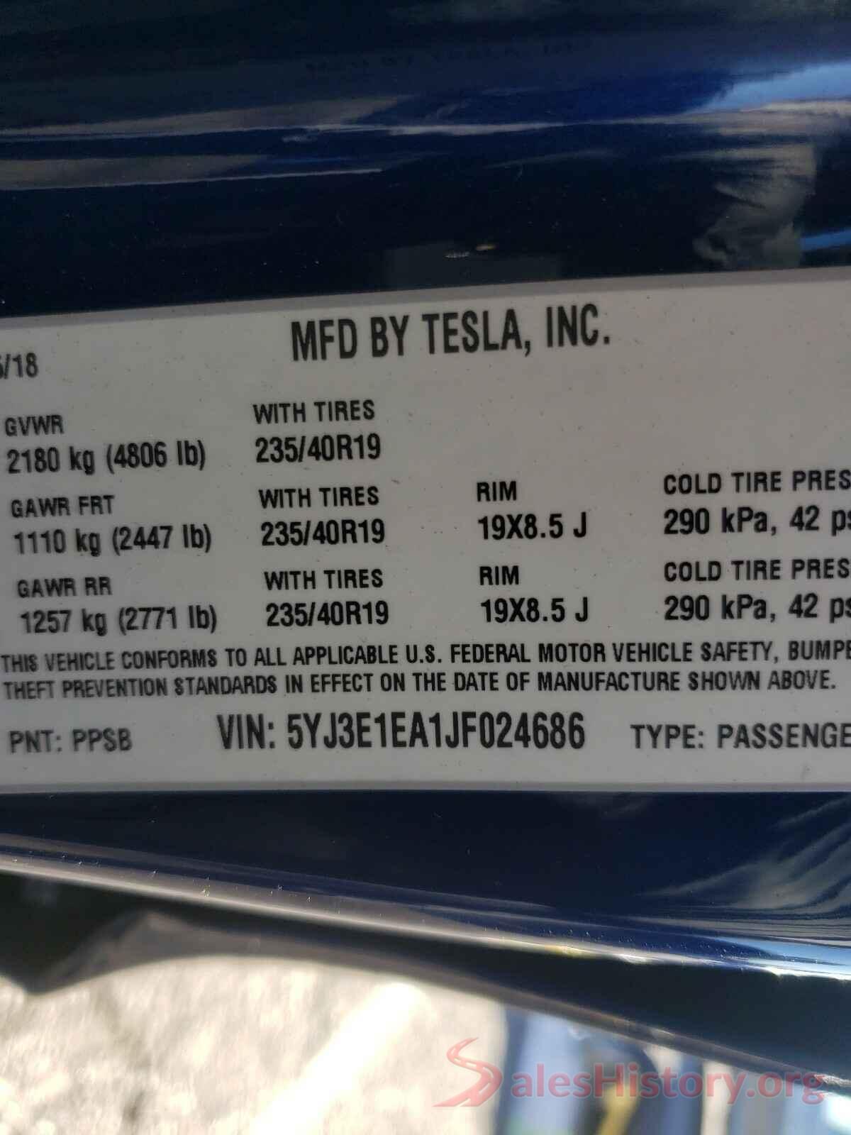 5YJ3E1EA1JF024686 2018 TESLA MODEL 3