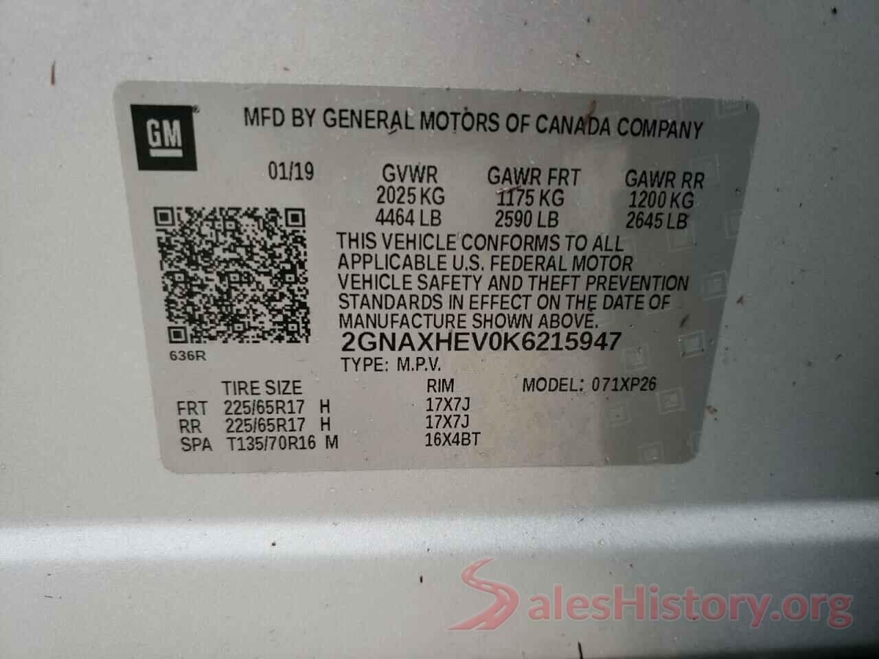 2GNAXHEV0K6215947 2019 CHEVROLET EQUINOX