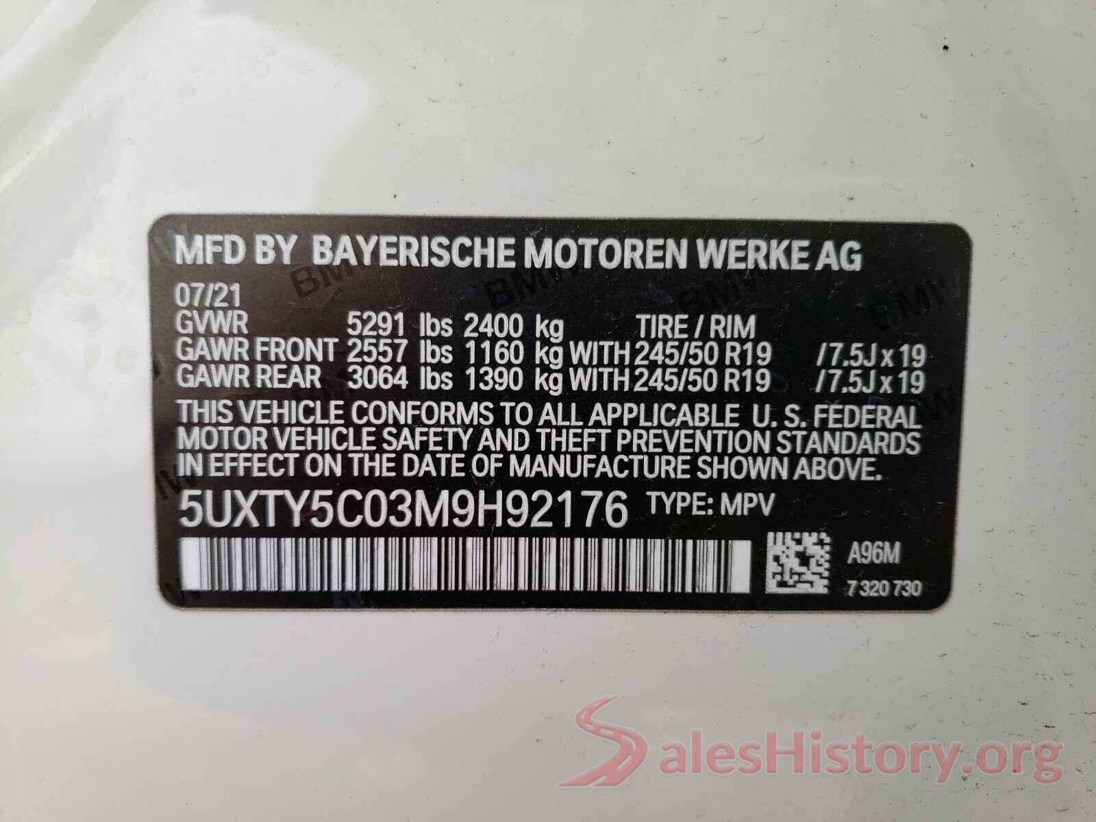 5UXTY5C03M9H92176 2021 BMW X3