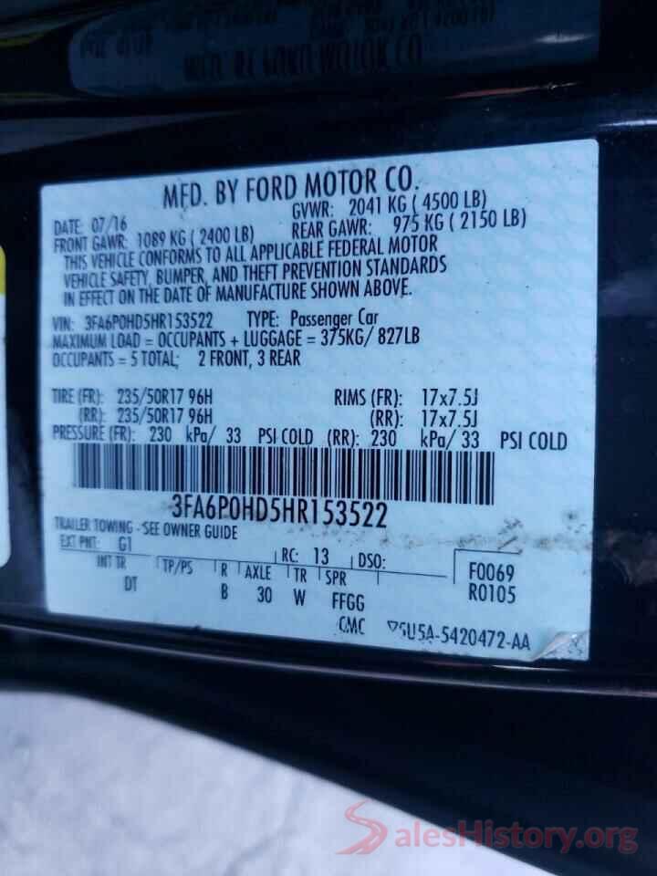 3FA6P0HD5HR153522 2017 FORD FUSION