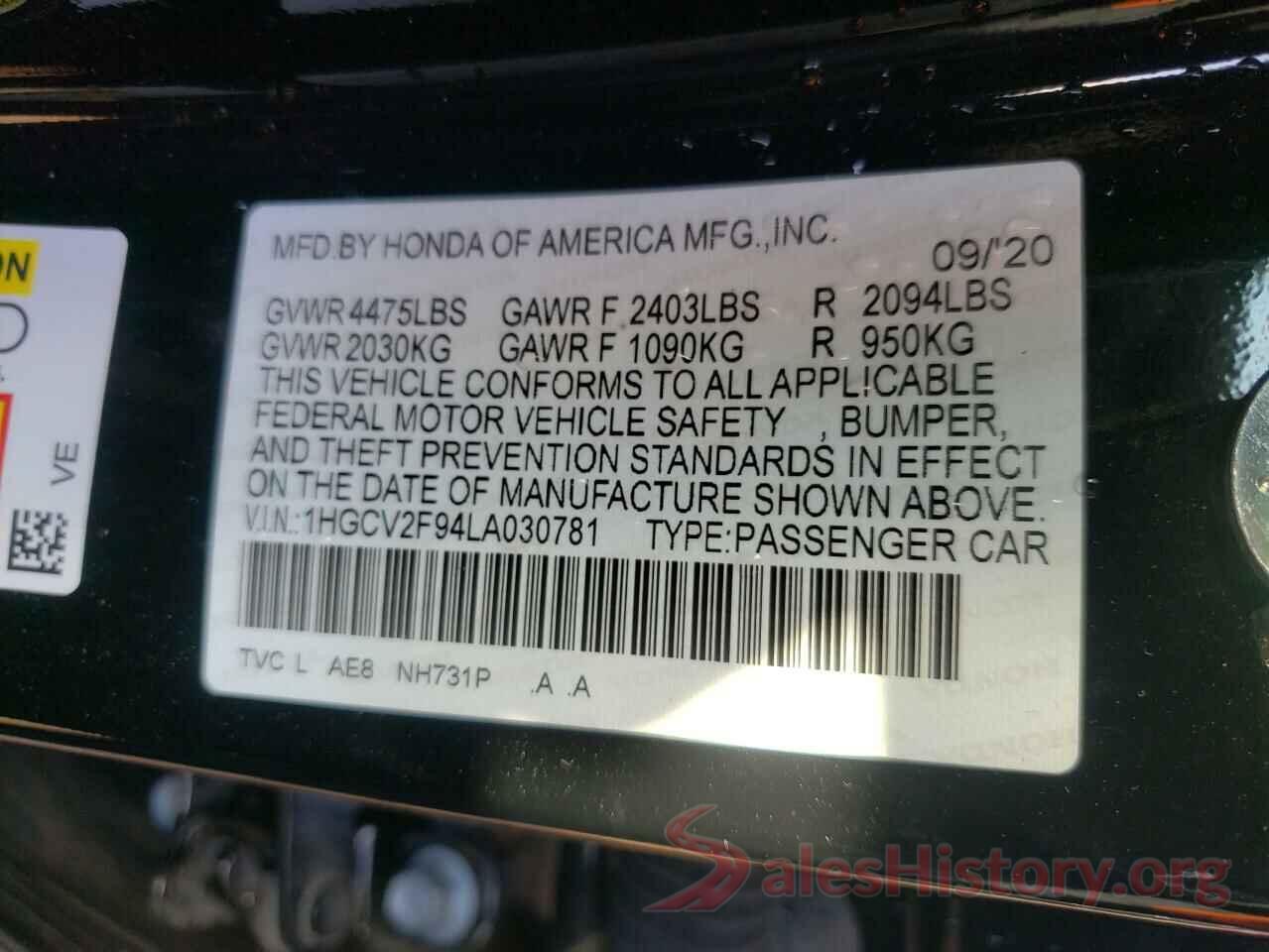 1HGCV2F94LA030781 2020 HONDA ACCORD