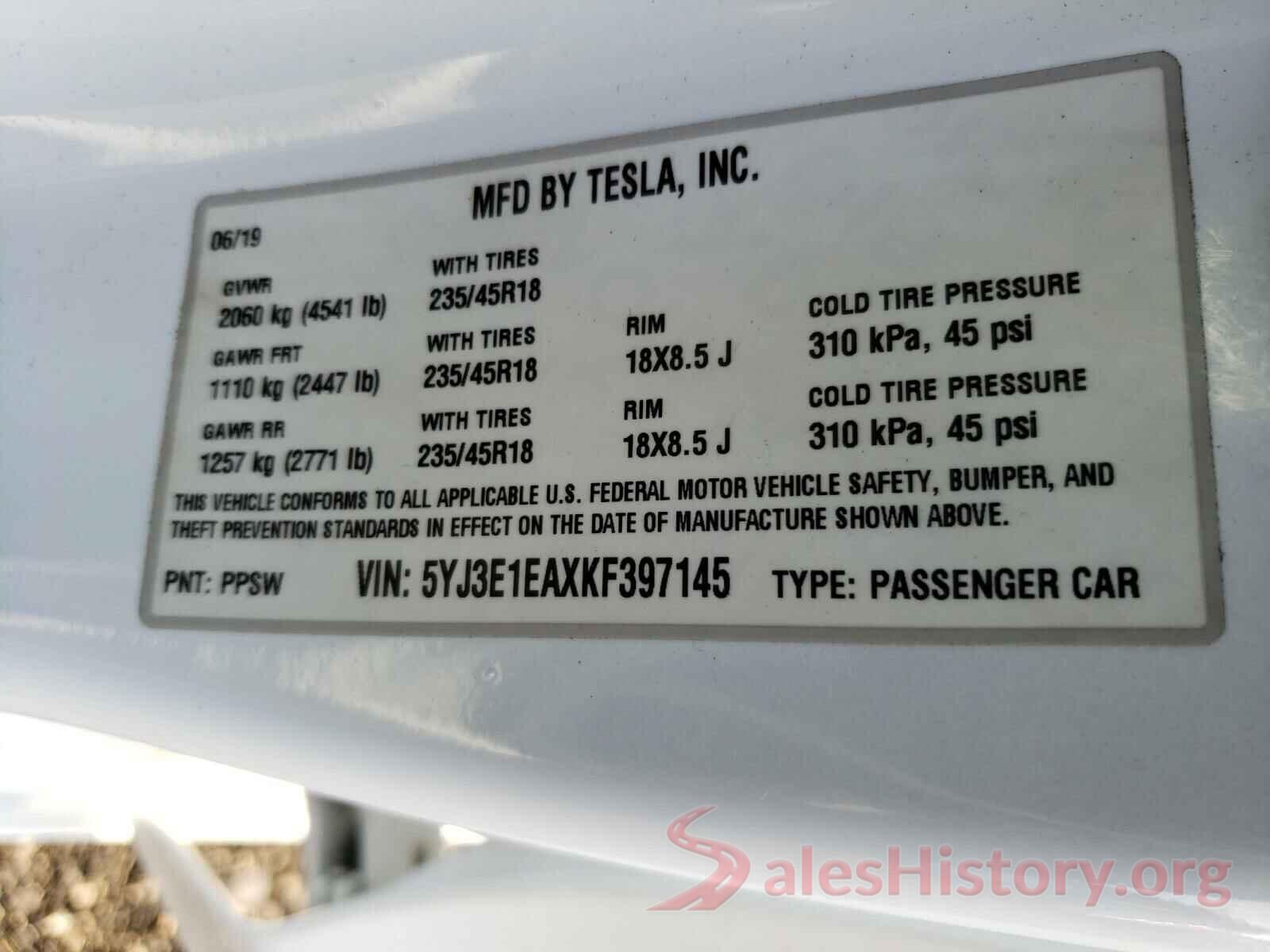 5YJ3E1EAXKF397145 2019 TESLA MODEL 3