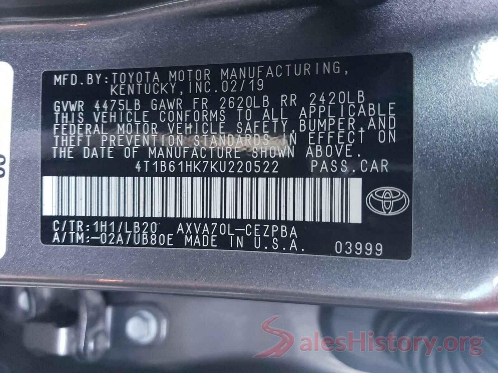 4T1B61HK7KU220522 2019 TOYOTA CAMRY