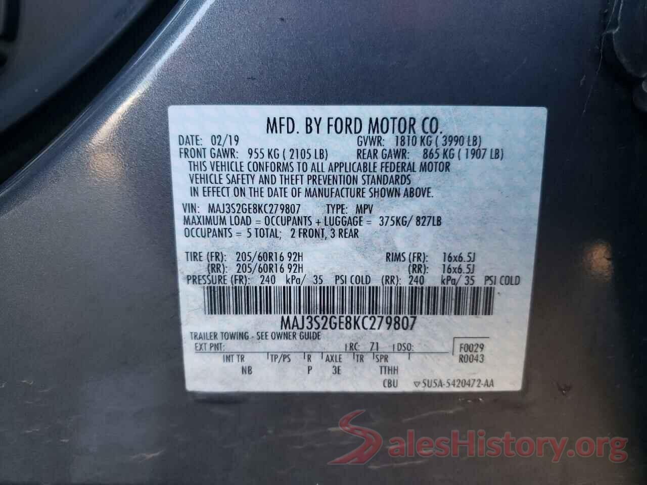 MAJ3S2GE8KC279807 2019 FORD ECOSPORT